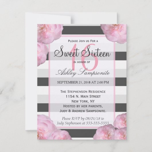 ピンクの花と黒、灰色、白のストライプ 招待状 (正面)