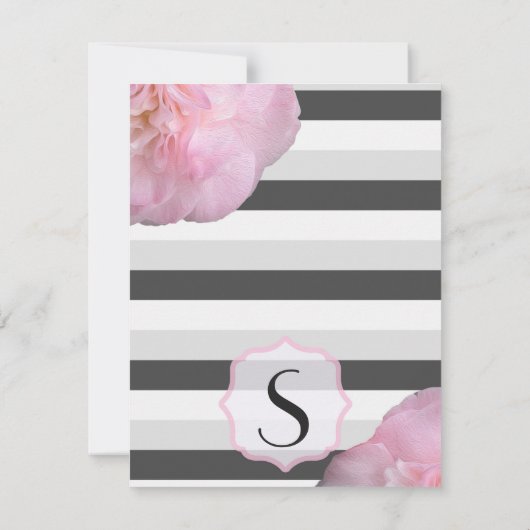 ピンクの花と黒、灰色、白のストライプ 招待状 (裏面)