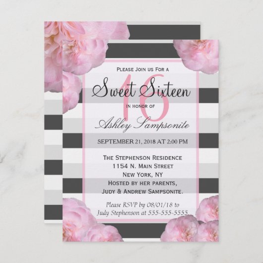 ピンクの花と黒、灰色、白のストライプ 招待状 (正面/裏面)