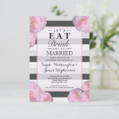 ピンクの花と黒、灰色、白のストライプ 招待状 (スタンド正面)