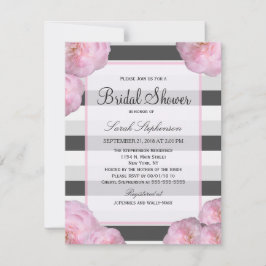 ピンクの花と黒、灰色、白のストライプ 招待状