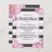 ピンクの花と黒、灰色、白のストライプ 招待状 (正面/裏面)