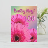 ピンクの花と100th誕生日パーティーの招待 招待状 (スタンド正面)