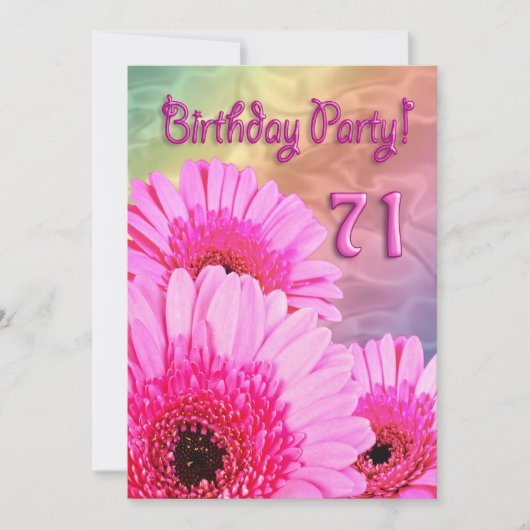 ピンクの花と71歳の誕生日パーティーの招待状 招待状 (正面)