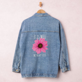 ピンクの花と"It Is Well With My Soul"のインスピレーション デニムジャケット