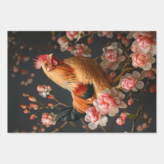 ピンクの花に囲まれたチキンが切り離し ラッピングペーパーシート (正面2)