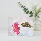 ピンクの花に緑のカメレオン ポストカード (スタンド正面)