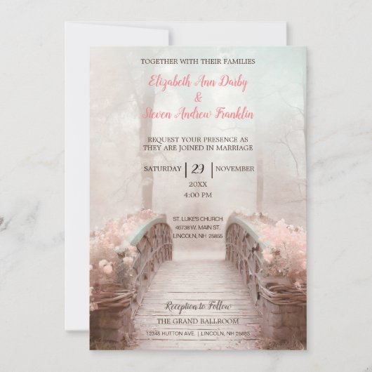 ピンクの花のある森の中の幻想的な橋 招待状 (正面)