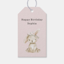 ピンクの花のうさぎの誕生日 ギフトタグ