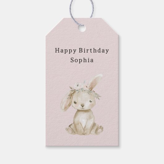 ピンクの花のうさぎの誕生日 ギフトタグ (正面)