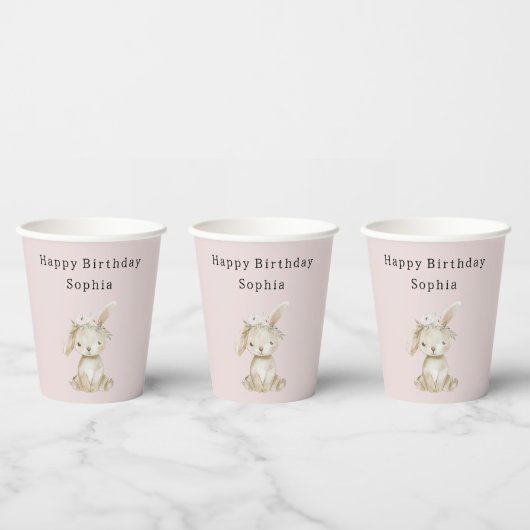 ピンクの花のうさぎの誕生日 紙コップ (複数)