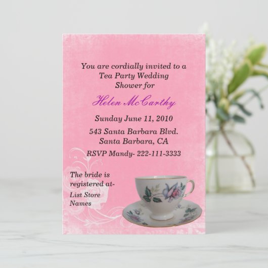 ピンクの花のお茶会のブライダルシャワーの招待状 招待状 (スタンド正面)
