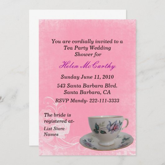 ピンクの花のお茶会のブライダルシャワーの招待状 招待状 (正面/裏面)