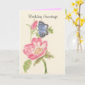 ピンクの花のかわいらしく青い蝶 カード (黄色い花)