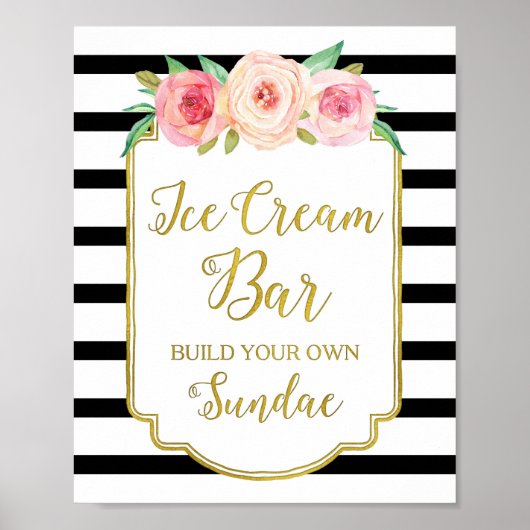 ピンクの花のアイスクリームバー看板 ゴールド ブラックのストライプ ポスター (正面)