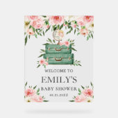 ピンクの花のアウトドアアドベンチャー ベビーシャワー ウェルカム アクリルサイン (正面)