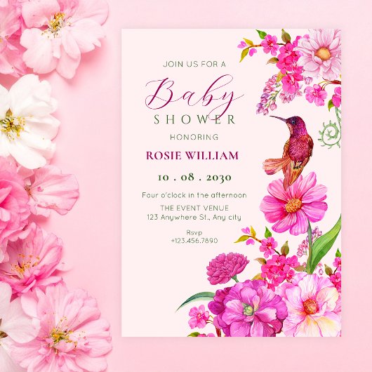 ピンクの花のアート ハチドリ ベビーシャワー 招待状
