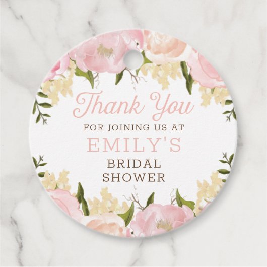 ピンクの花のウェディングシャワーのお礼タグ フェイバータグ (正面)