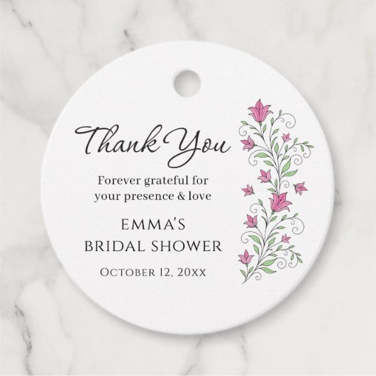 ピンクの花のウェディングシャワープレゼントタグ フェイバータグ (正面)
