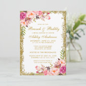 ピンクの花のウェディングシャワー ブランチ ゴールドグリッター 招待状 (スタンド正面)