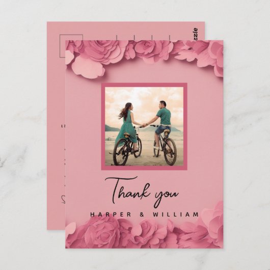 ピンクの花のウェディング写真お礼メッセージ ポストカード (正面/裏面)