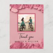 ピンクの花のウェディング写真お礼メッセージ ポストカード (正面)