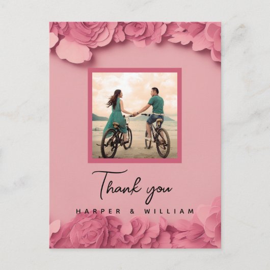 ピンクの花のウェディング写真お礼メッセージ ポストカード (正面)