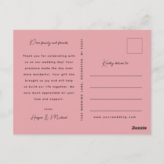 ピンクの花のウェディング写真のお礼 ポストカード (裏面)