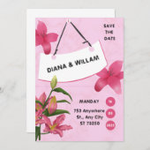 ピンクの花のウェディング招待状 セーブザデート (正面/裏面)