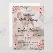 ピンクの花のウェディング招待状、パーソナライズ 招待状 (正面/裏面)