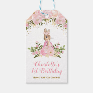 ピンクの花のウサギ 誕生日 ギフトタグ