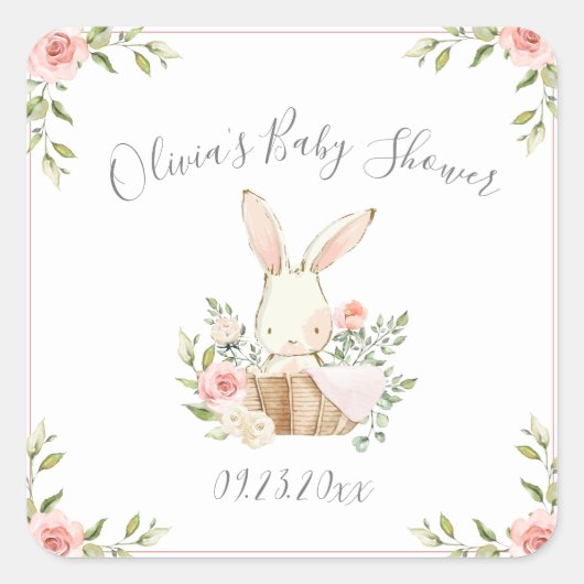 ピンクの花のウサギ 赤ちゃんのシャワー スクエアシール (正面)