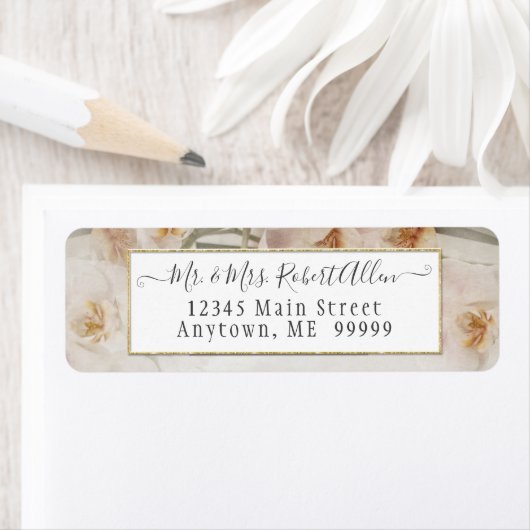 ピンクの花のエレガントなゴールドスクリプト植物学の結婚式 ラベル (インサイチュ)