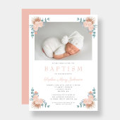 ピンクの花のエレガントな女の子の写真 洗礼式 招待状