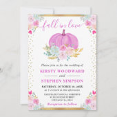 ピンクの花のオレンジの秋の結婚式 招待状 (正面)