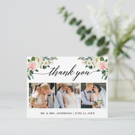 ピンクの花のカリグラフィー3枚写真 結婚式のお礼 ポストカード (スタンド正面)