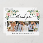 ピンクの花のカリグラフィー3枚写真 結婚式のお礼 ポストカード (正面/裏面)