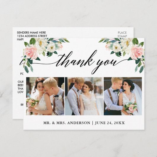 ピンクの花のカリグラフィー3枚写真 結婚式のお礼 ポストカード (正面/裏面)