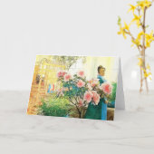 ピンクの花のカリンと織機 カード (黄色い花)