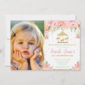 ピンクの花のカルーセル 1歳の誕生日ガール 写真付き 招待状 (正面)