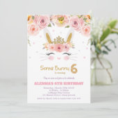 ピンクの花のキュートなウサギ 6歳の女の子の誕生日 招待状 (スタンド正面)