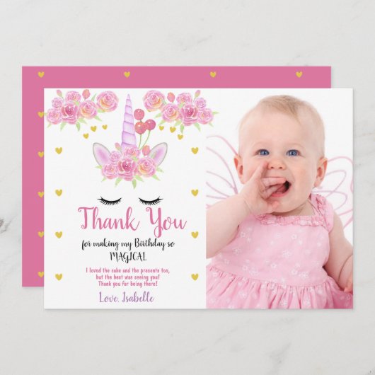ピンクの花のキュートなユニコーンの写真の誕生日 サンキューカード (正面/裏面)