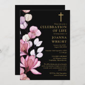 ピンクの花のキリスト教のお別れと称える葬儀 招待状 (正面/裏面)