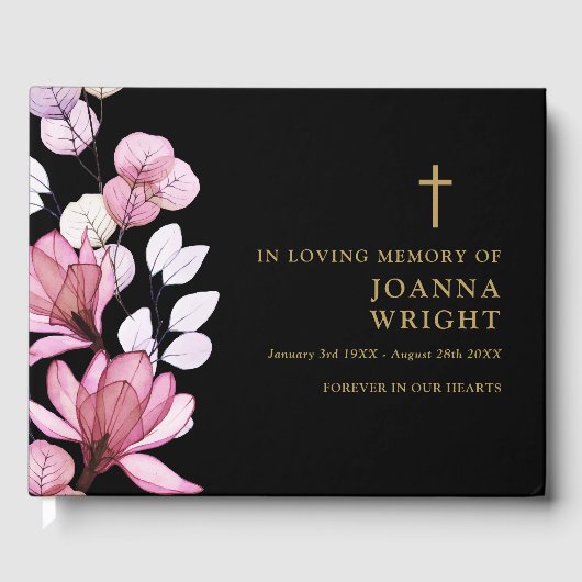 ピンクの花のキリスト教 追悼 供養 葬儀 ゲストブック (正面)