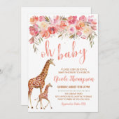 ピンクの花のキリン 赤ちゃんの誕生を祝うパーティーの招待状 招待状 (正面/裏面)