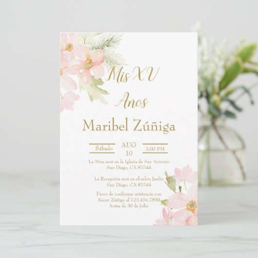ピンクの花のキンセアニエラ招待状 招待状 (スタンド正面)