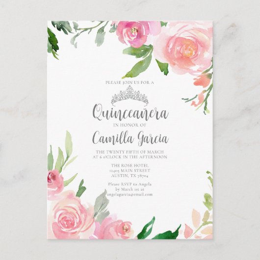 ピンクの花のキンセアニエラ シルバー ティアラ 招待状 (正面)