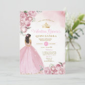 ピンクの花のキンセアニエラ 15歳 誕生日 ゴールドクラウン 招待状 (スタンド正面)