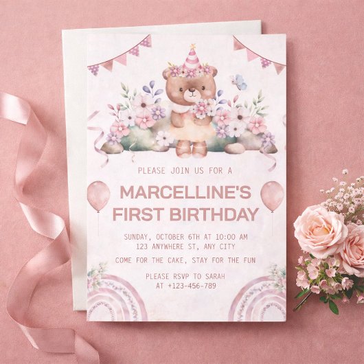 ピンクの花のクマ 1歳の誕生日パーティー 招待状