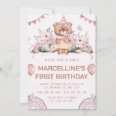 ピンクの花のクマ 1歳の誕生日パーティー 招待状 (正面)
